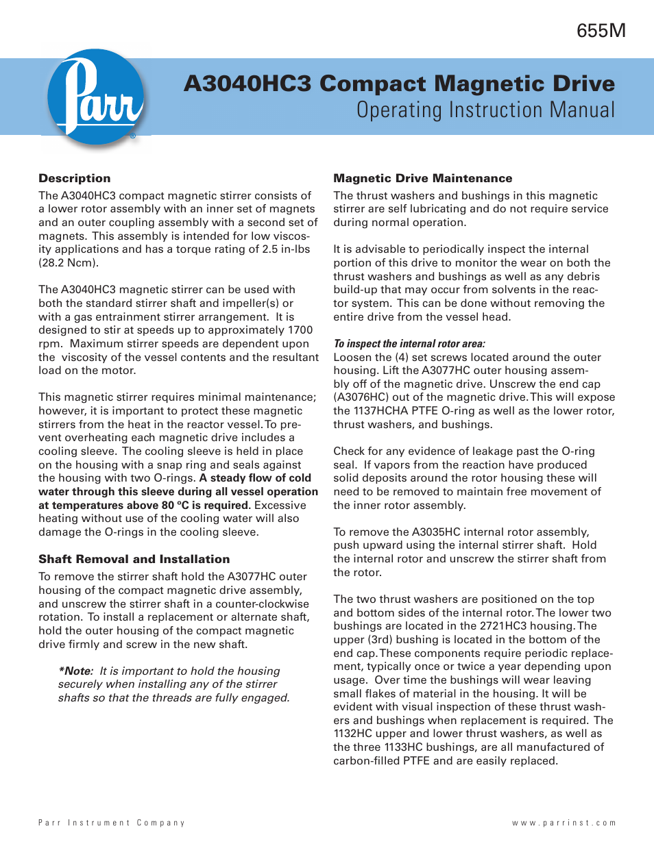 Parr Instrument A3040HC3 User Manual | 4 pages