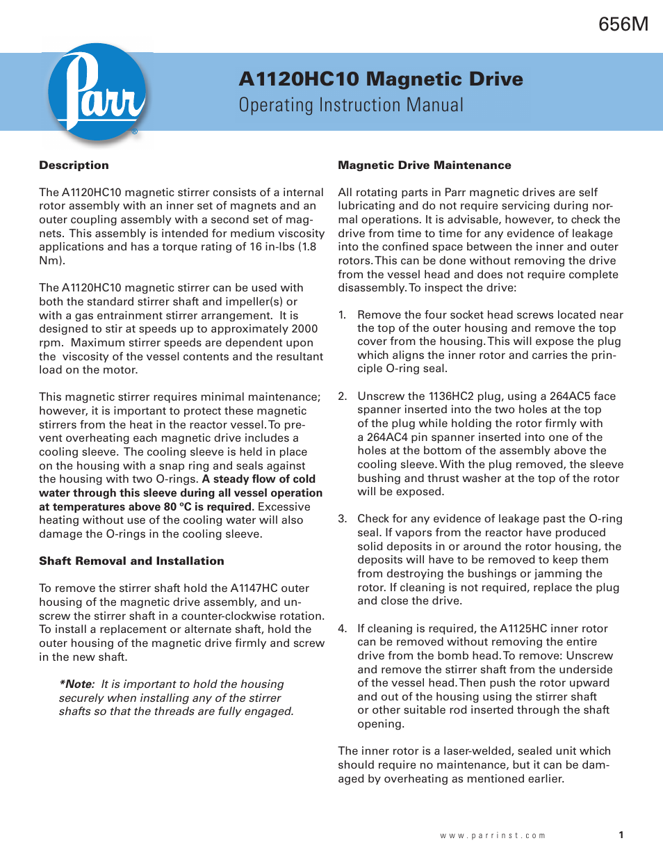 Parr Instrument A1120HC10 User Manual | 4 pages