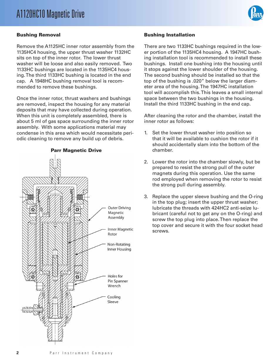 Bushing removal, Bushing installation | Parr Instrument A1120HC10 User Manual | Page 2 / 4