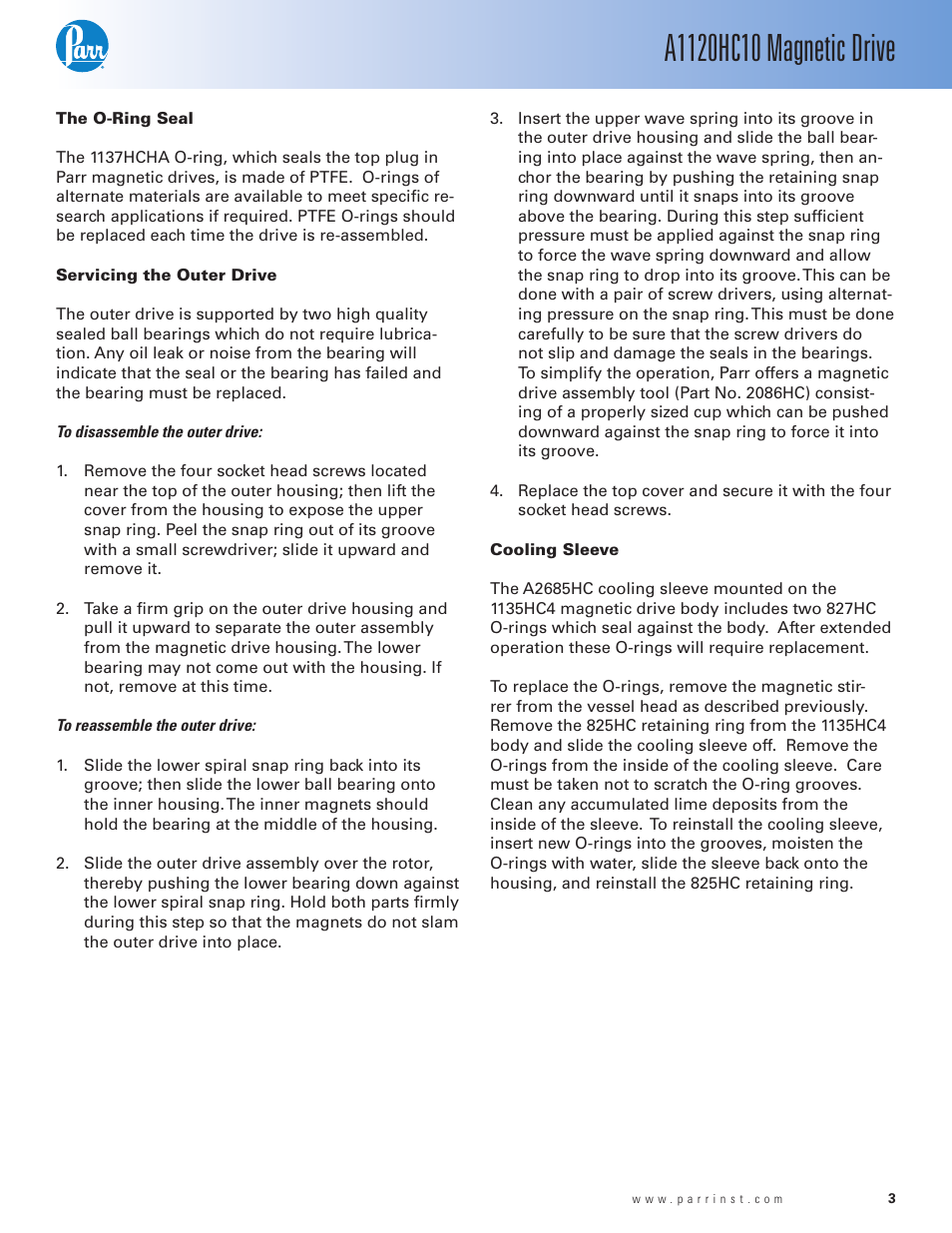 The o-ring seal, Servicing the outer drive, Cooling sleeve | Parr Instrument A1120HC10 User Manual | Page 3 / 4
