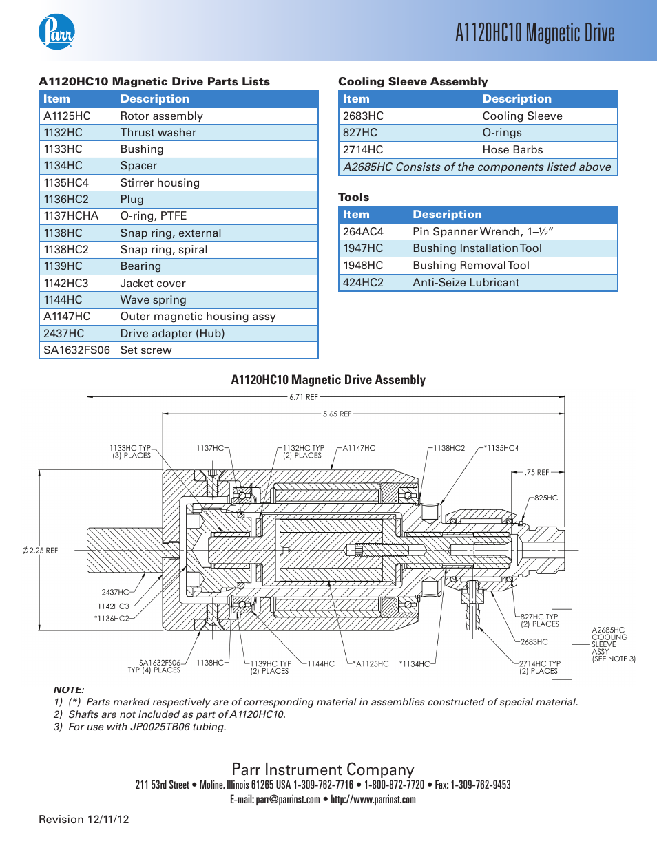 A1120hc10 magnetic drive parts lists, Cooling sleeve assembly, Tools | A1120hc10 magnetic drive assembly, Contact parr, Nstrument, Ompany | Parr Instrument A1120HC10 User Manual | Page 4 / 4