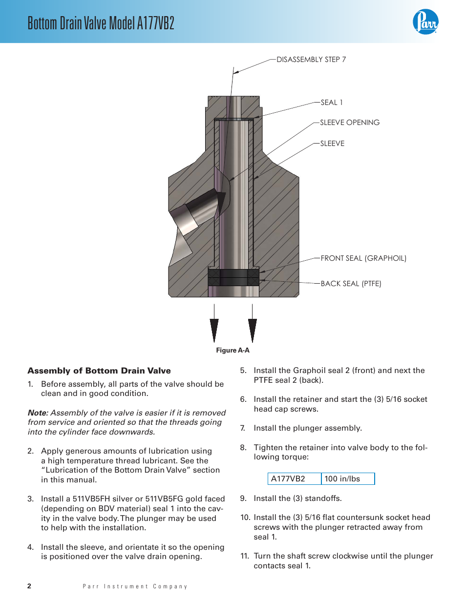 Bottom drain valve model a177vb2 | Parr Instrument A177VB2 User Manual | Page 2 / 4