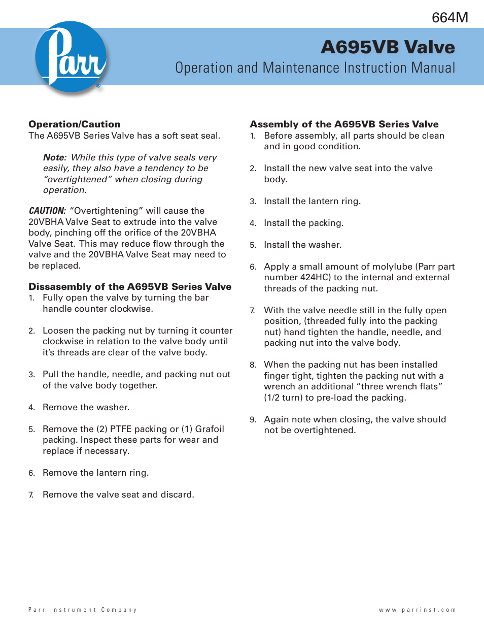 Parr Instrument A695VB User Manual | 2 pages
