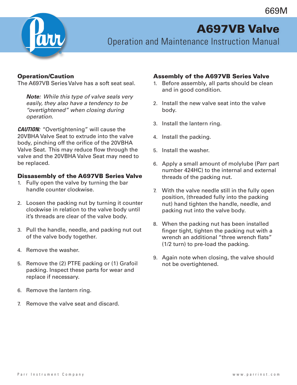 Parr Instrument A697VB User Manual | 2 pages