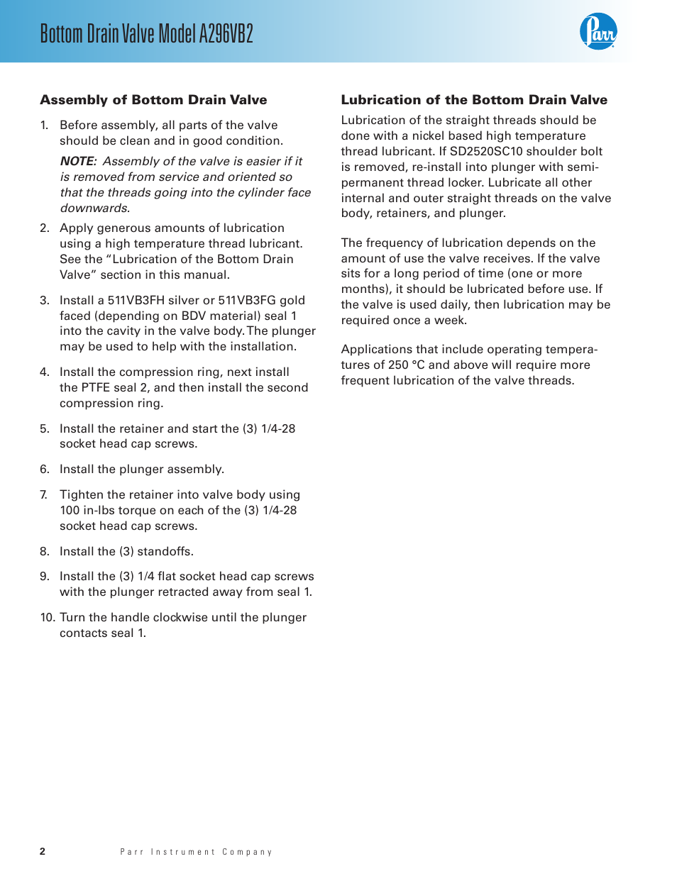 Bottom drain valve model a296vb2 | Parr Instrument A296VB2 User Manual | Page 2 / 4