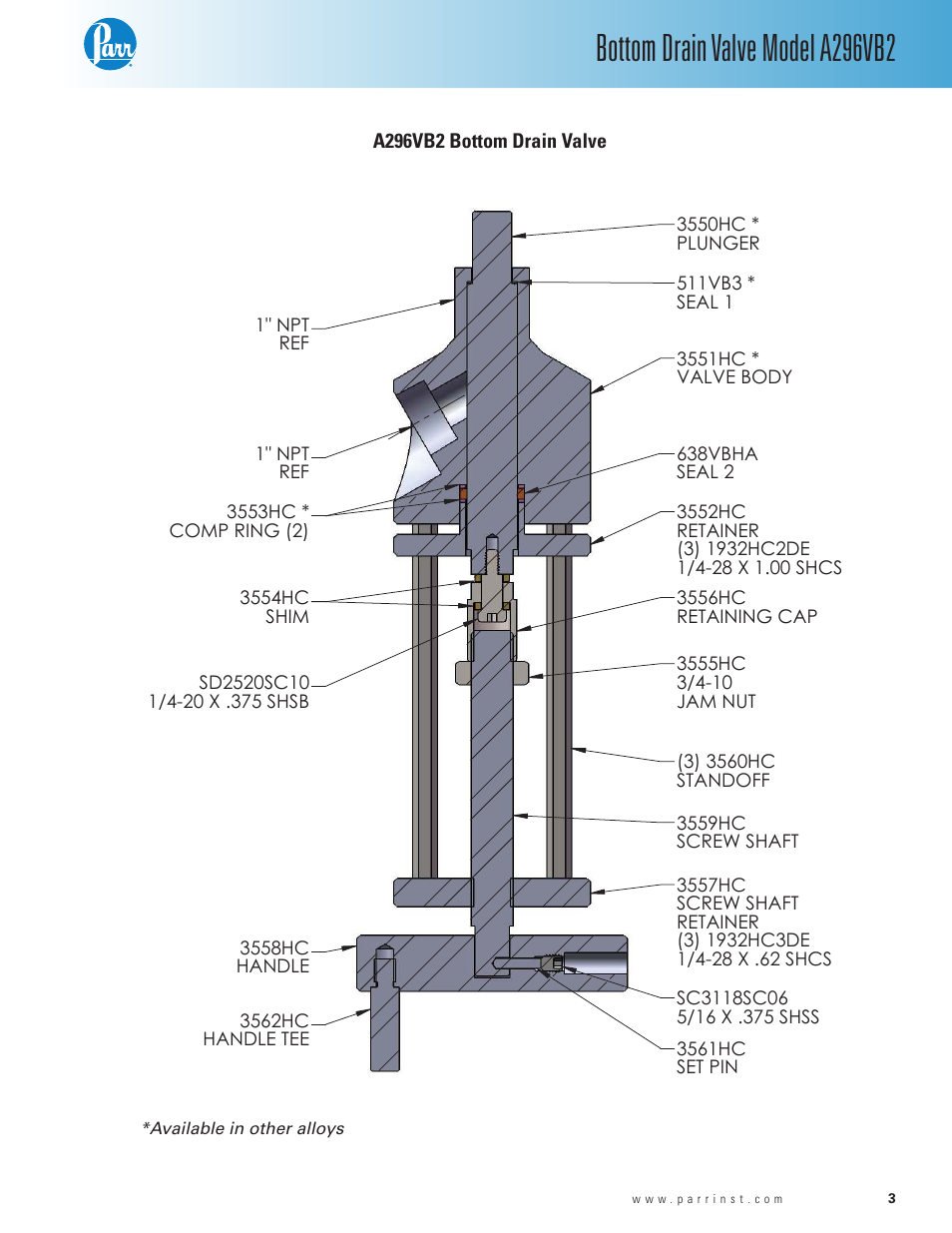 Bottom drain valve model a296vb2 | Parr Instrument A296VB2 User Manual | Page 3 / 4