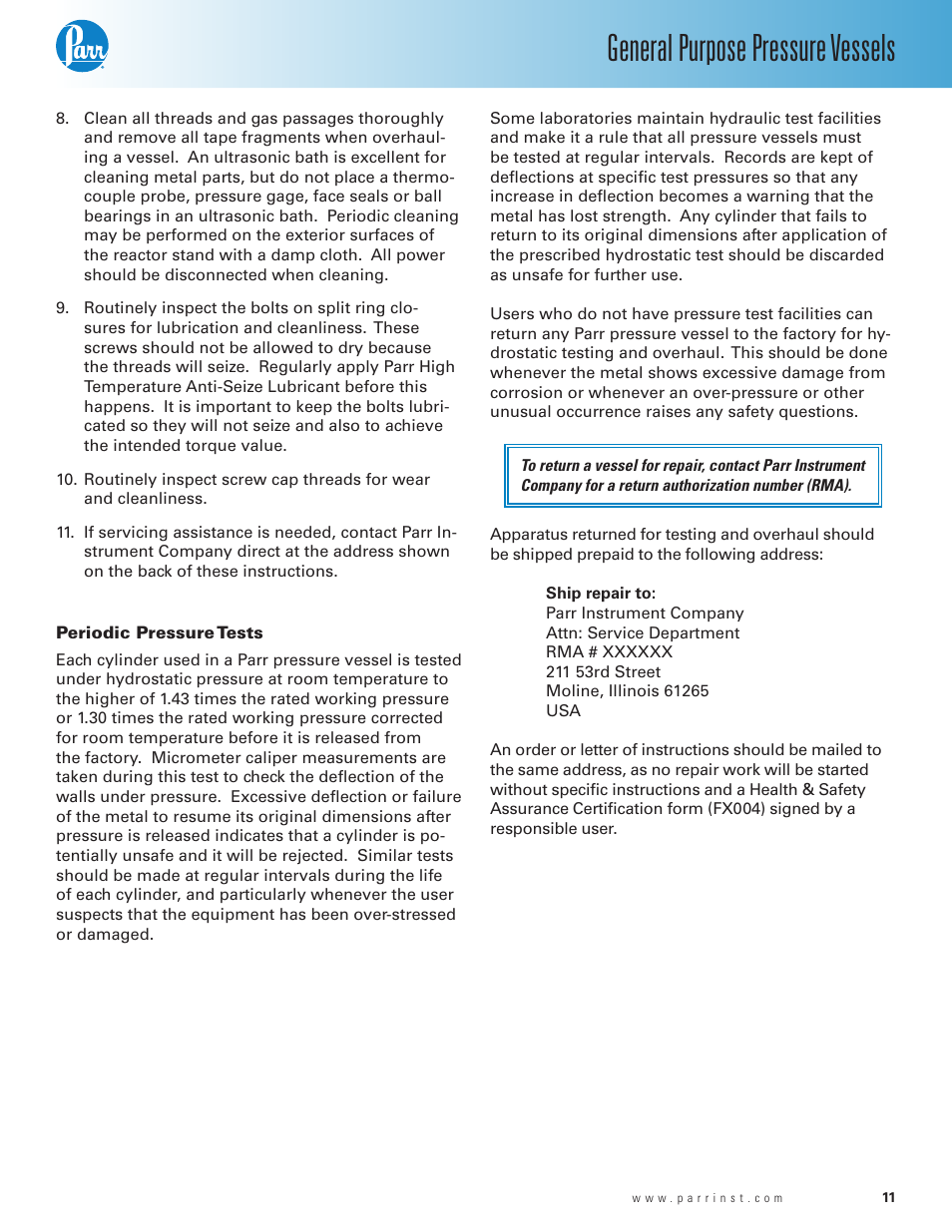 Periodic pressure tests, General purpose pressure vessels | Parr Instrument 4700 User Manual | Page 11 / 36