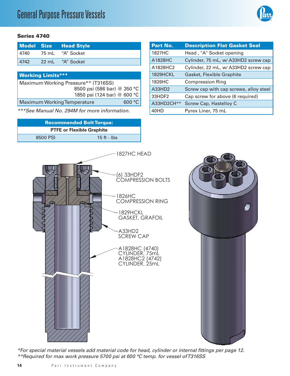 Series 4740, General purpose pressure vessels | Parr Instrument 4700 User Manual | Page 14 / 36