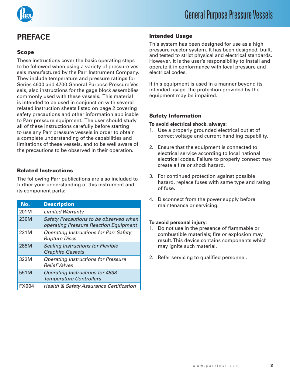 Preface, Scope, Related instructions | Intended usage, Safety information, General purpose pressure vessels | Parr Instrument 4700 User Manual | Page 3 / 36