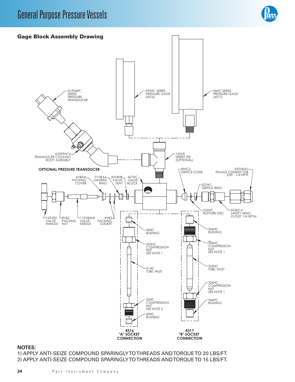 Gage block assembly drawing, General purpose pressure vessels | Parr Instrument 4700 User Manual | Page 34 / 36