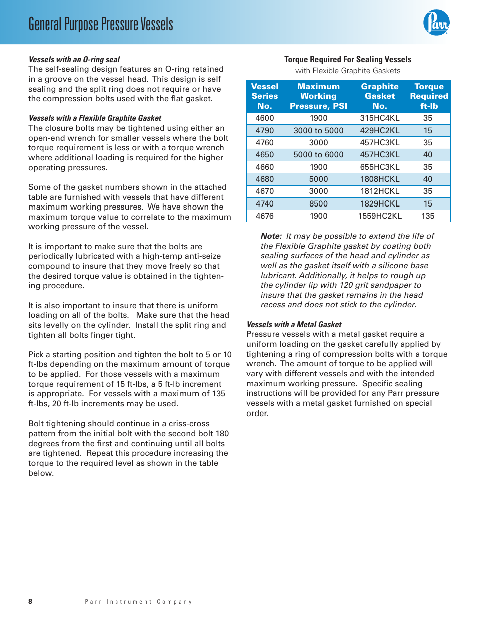 Vessels with an o-ring seal, Vessels with a flexible graphite gasket, Vessels with a metal gasket | General purpose pressure vessels | Parr Instrument 4700 User Manual | Page 8 / 36