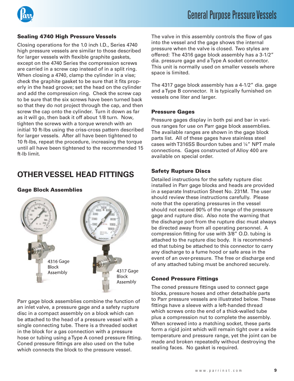 Sealing 4740 high pressure vessels, Other vessel head fittings, Gage block assemblies | Pressure gages, Safety rupture discs, Coned pressure fittings, General purpose pressure vessels | Parr Instrument 4700 User Manual | Page 9 / 36