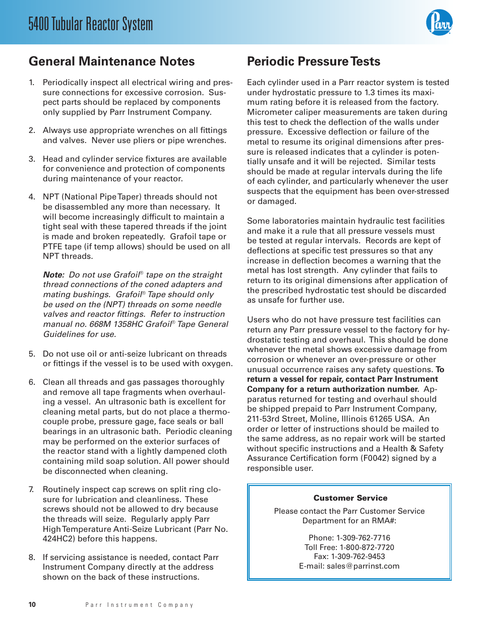 General maintenance notes, Periodic pressure tests, 5400 tubular reactor system | Parr Instrument 5400 User Manual | Page 10 / 16
