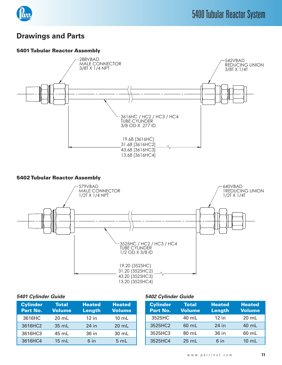 Drawings and parts, 5401 tubular reactor assembly, 5402 tubular reactor assembly | 5400 tubular reactor system | Parr Instrument 5400 User Manual | Page 11 / 16