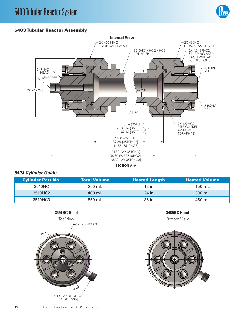 5403 tubular reactor assembly, 5400 tubular reactor system | Parr Instrument 5400 User Manual | Page 12 / 16