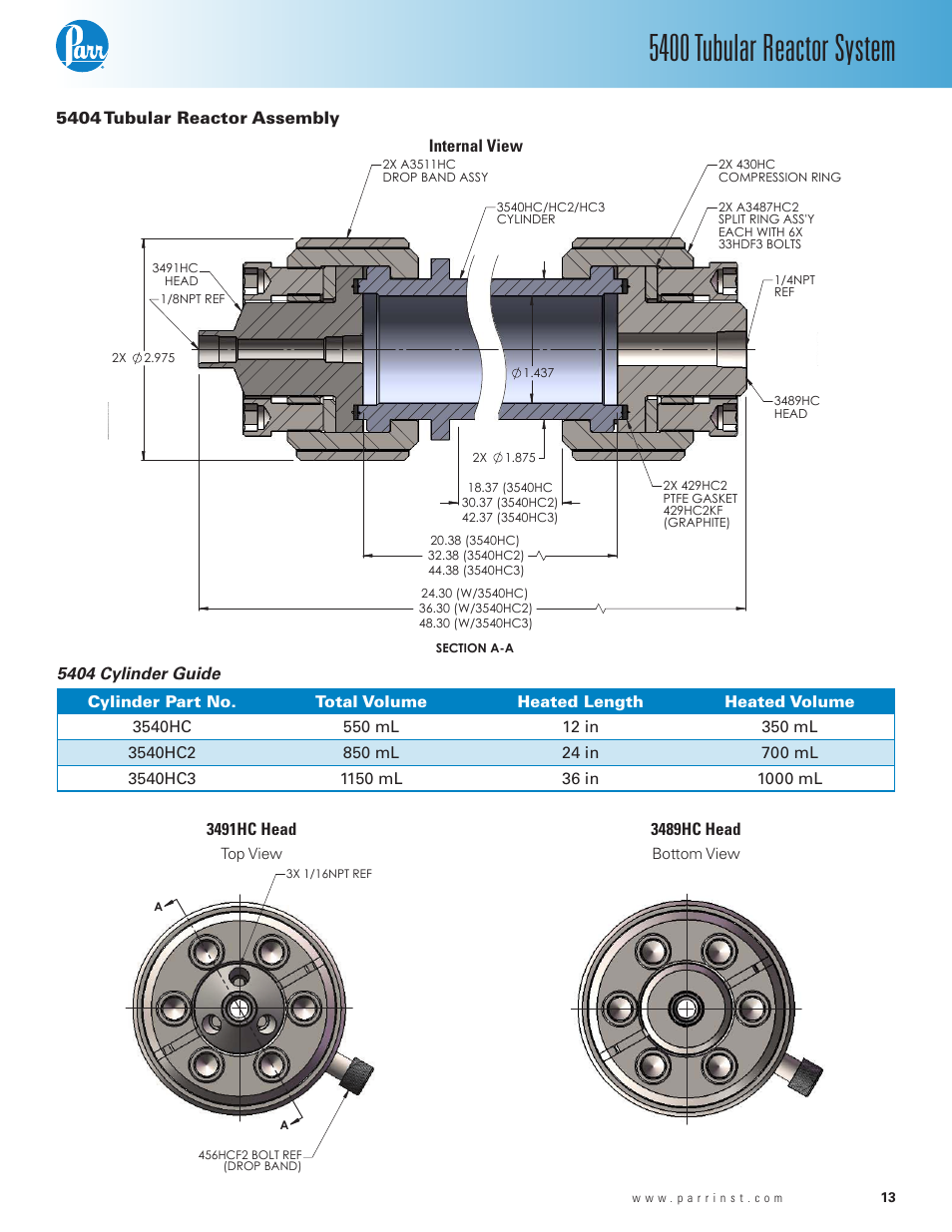 5404 tubular reactor assembly, 5400 tubular reactor system | Parr Instrument 5400 User Manual | Page 13 / 16