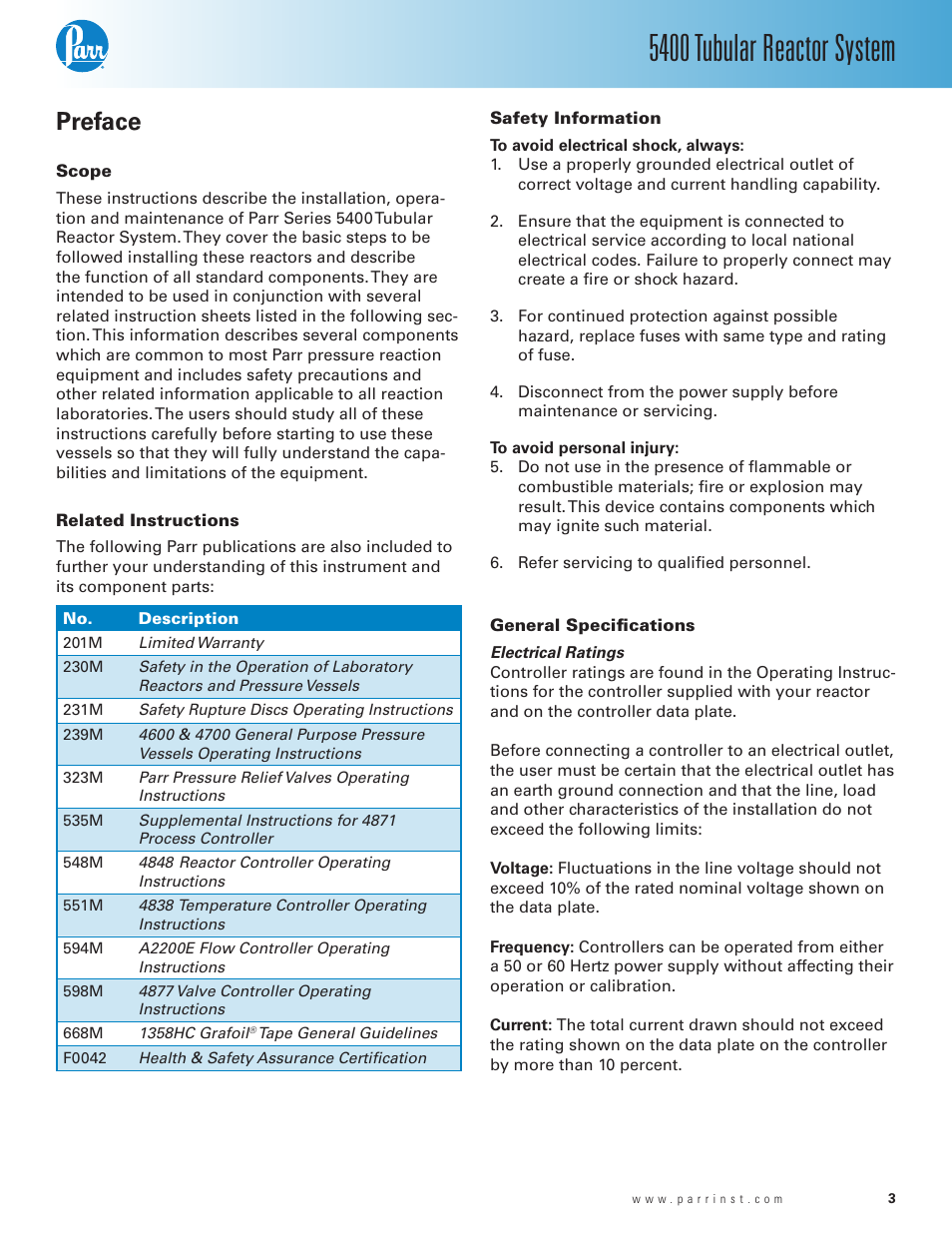 Preface, Scope, Related instructions | Safety information, General specifications, 5400 tubular reactor system | Parr Instrument 5400 User Manual | Page 3 / 16