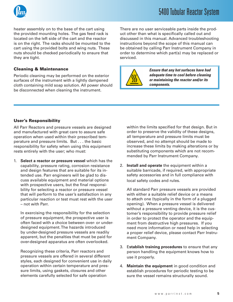 Cleaning & maintenance, User’s responsibility, 5400 tubular reactor system | Parr Instrument 5400 User Manual | Page 5 / 16