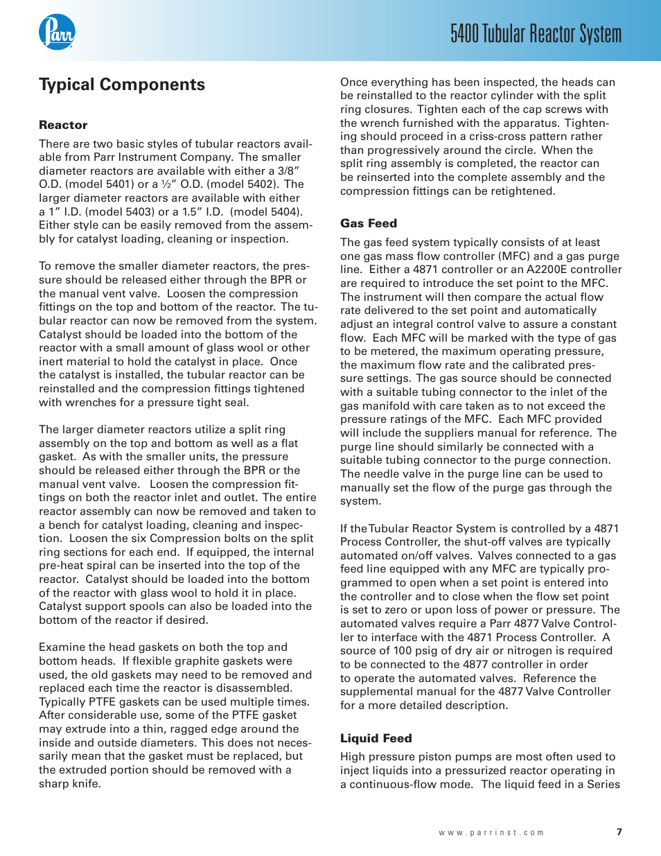 Typical components, Reactor, Gas feed | Liquid feed, 5400 tubular reactor system | Parr Instrument 5400 User Manual | Page 7 / 16