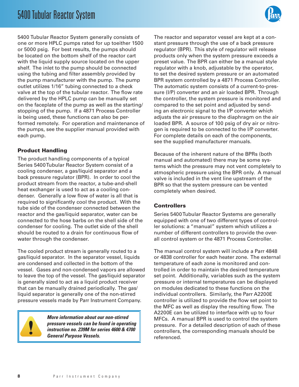 Product handling, Controllers, 5400 tubular reactor system | Parr Instrument 5400 User Manual | Page 8 / 16
