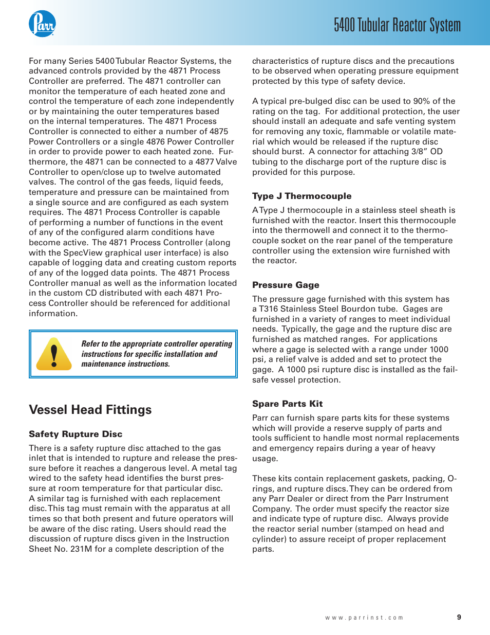 Vessel head fittings, Safety rupture disc, Type j thermocouple | Pressure gage, Spare parts kit, 5400 tubular reactor system | Parr Instrument 5400 User Manual | Page 9 / 16
