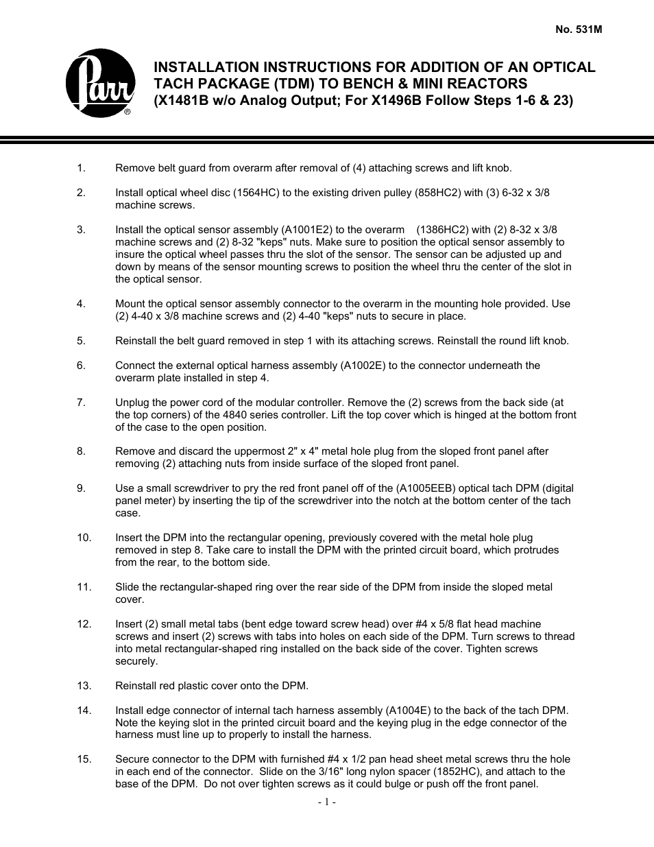 Parr Instrument Optical Tach Package User Manual | 2 pages