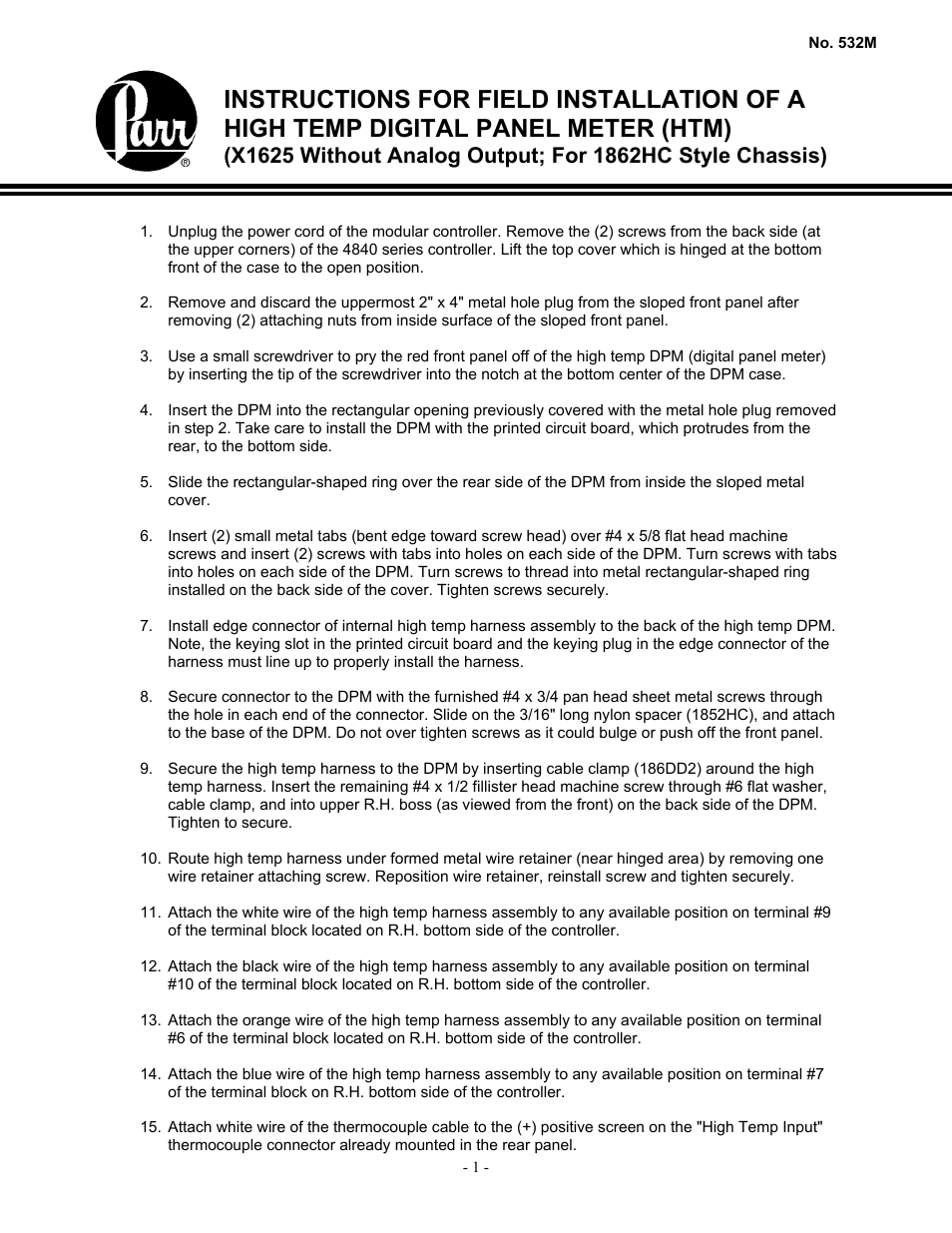 Parr Instrument High Temp Digital Panel Meter User Manual | 2 pages