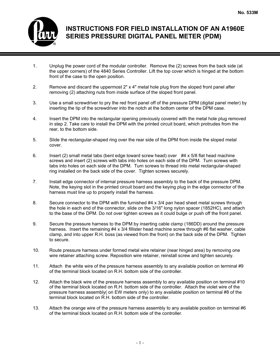 Parr Instrument A1960E Series User Manual | 2 pages
