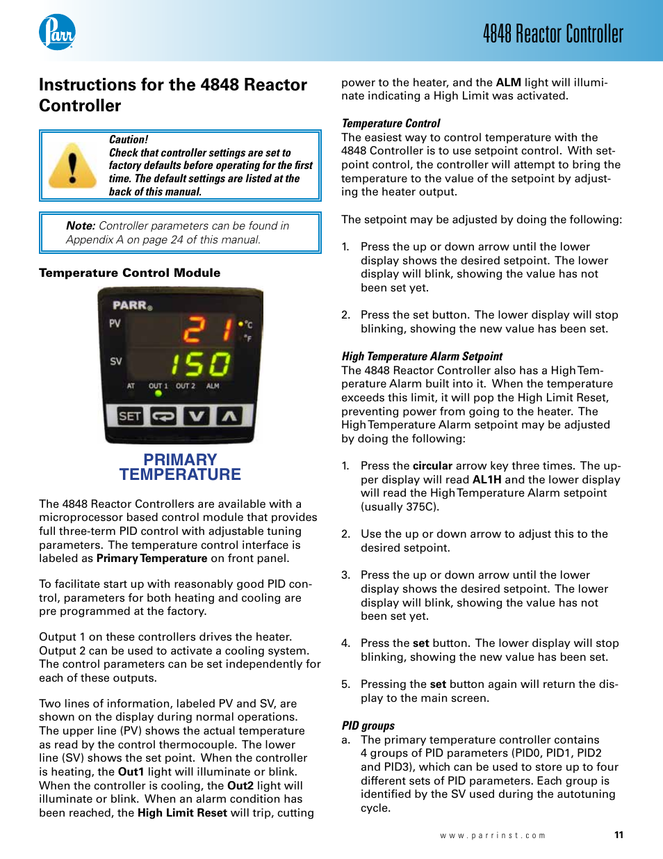 Instructions for the 4848 reactor controller, Temperature control module — 10, Temperature control— 10 | High temperature alarm setpoint— 10, Pid groups— 10, 4848 reactor controller, Primary temperature | Parr Instrument 4848 User Manual | Page 11 / 40