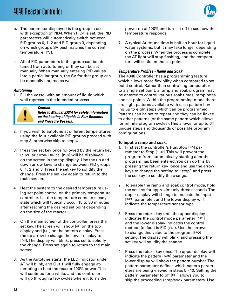 Autotuning— 11, Temperature profiles - ramp and soak— 11, 4848 reactor controller | Parr Instrument 4848 User Manual | Page 12 / 40