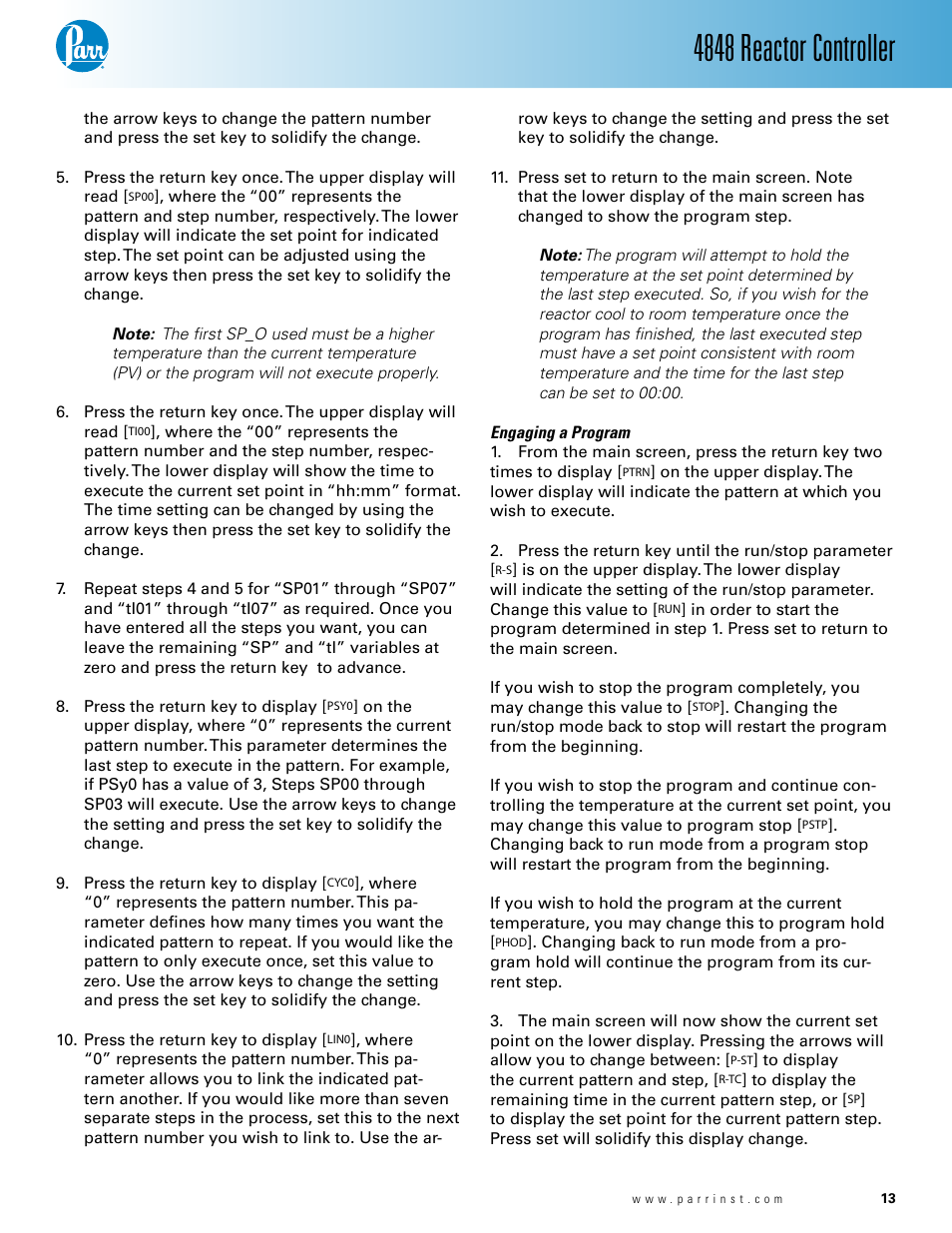 Engaging a program— 12, 4848 reactor controller | Parr Instrument 4848 User Manual | Page 13 / 40