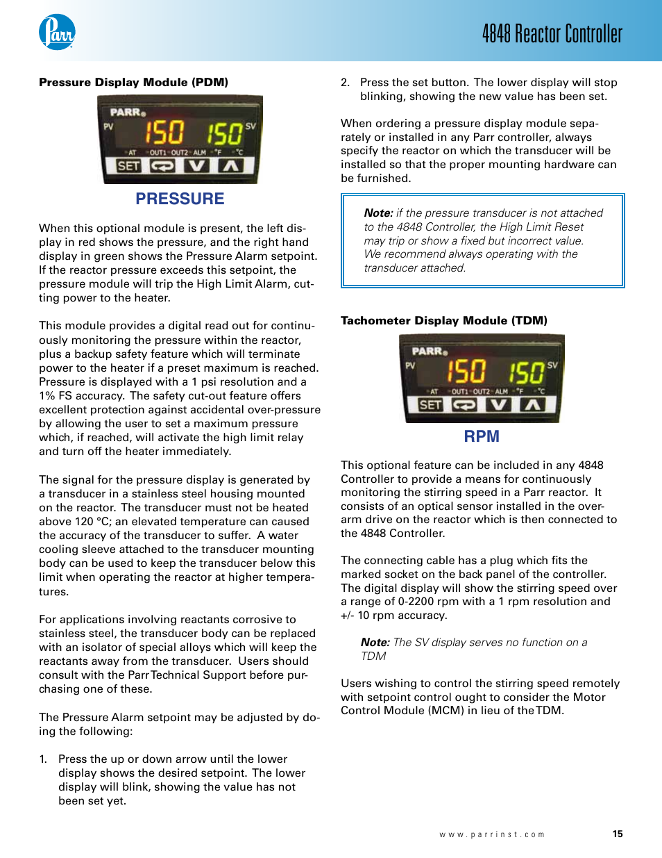 4848 reactor controller, Pressure | Parr Instrument 4848 User Manual | Page 15 / 40