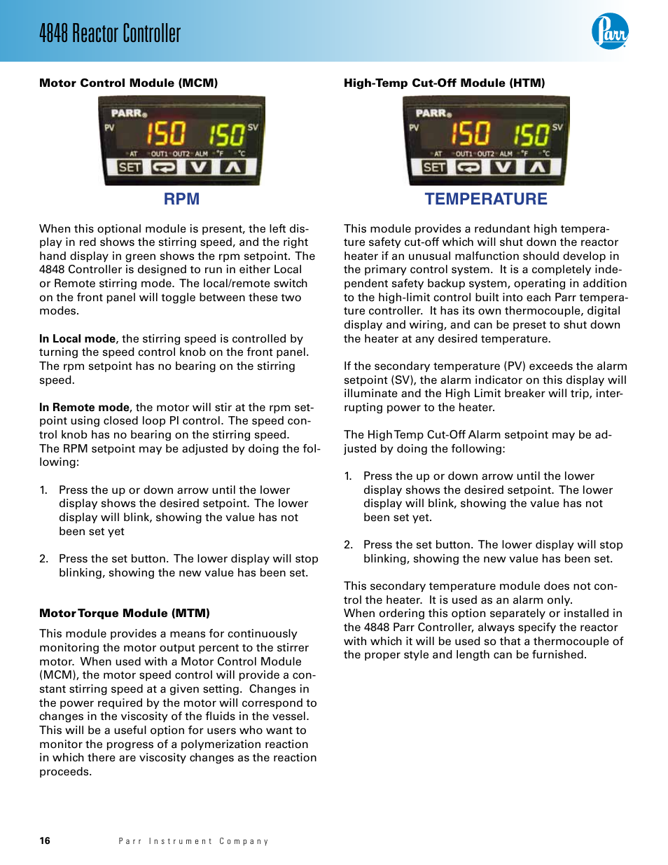 4848 reactor controller, Temperature | Parr Instrument 4848 User Manual | Page 16 / 40