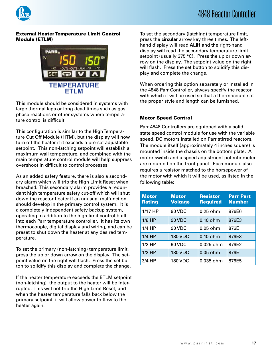 4848 reactor controller, Temperature etlm | Parr Instrument 4848 User Manual | Page 17 / 40