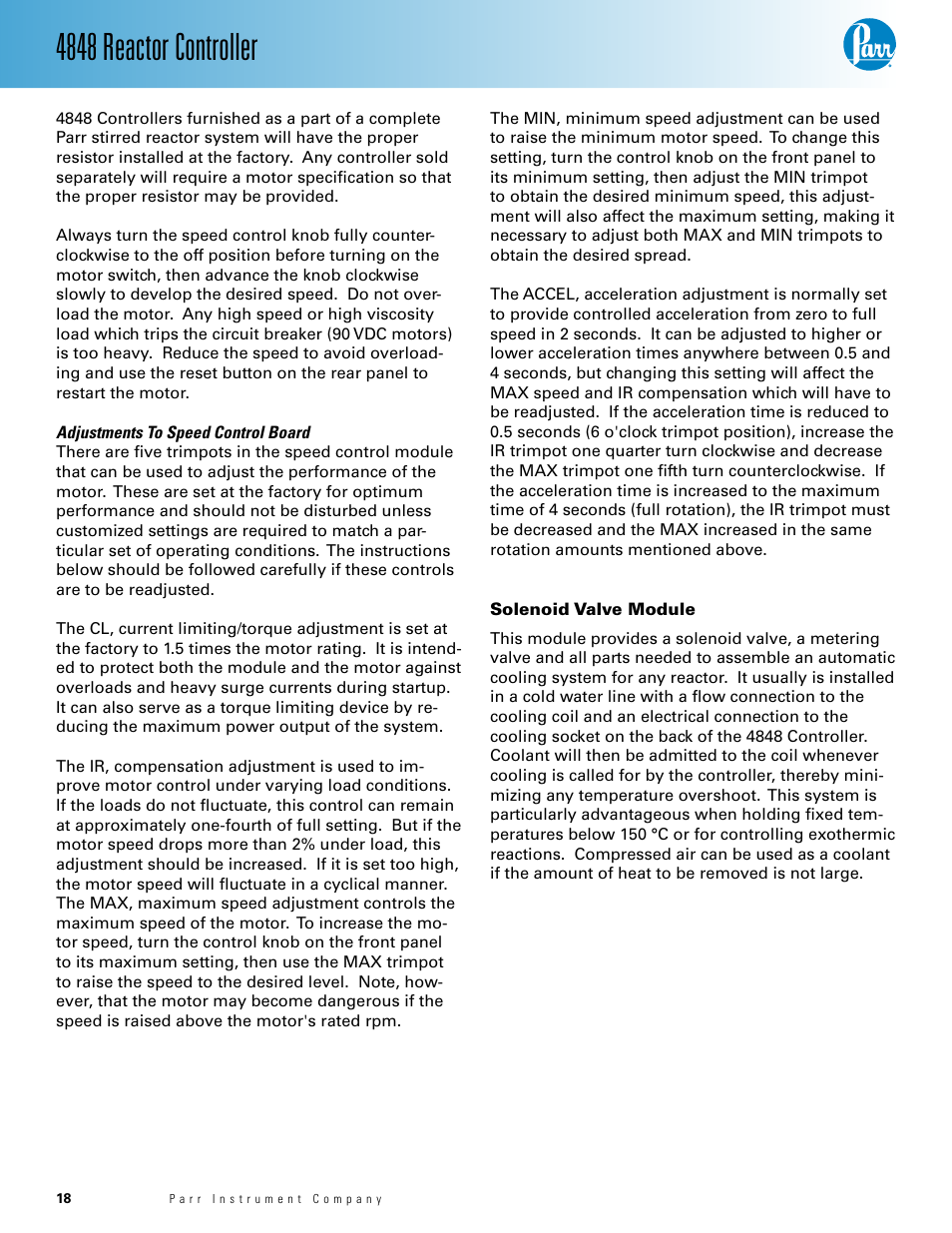 Adjustments to speed control board— 17, Solenoid valve module — 17, 4848 reactor controller | Parr Instrument 4848 User Manual | Page 18 / 40