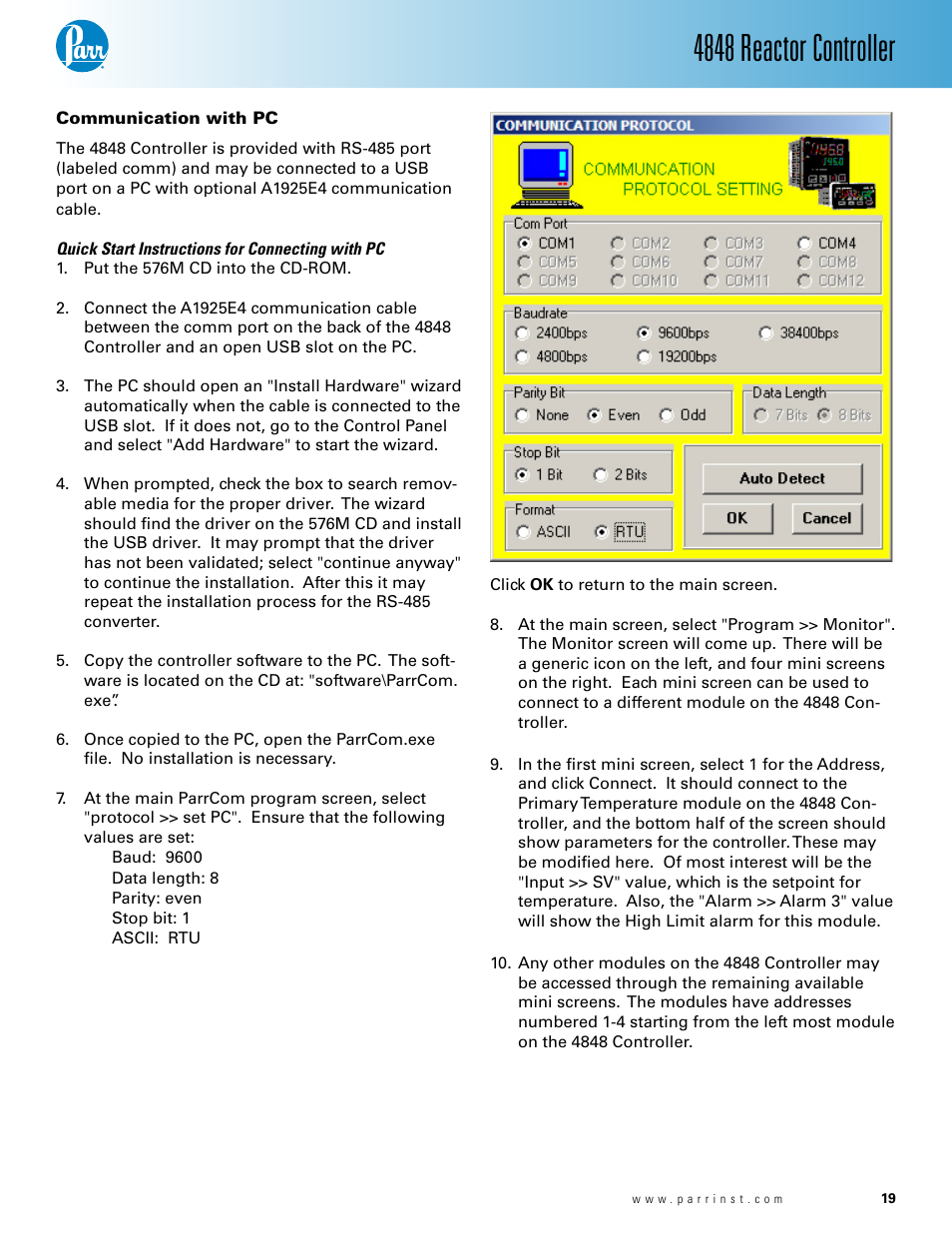 Communication with pc — 18, 4848 reactor controller | Parr Instrument 4848 User Manual | Page 19 / 40