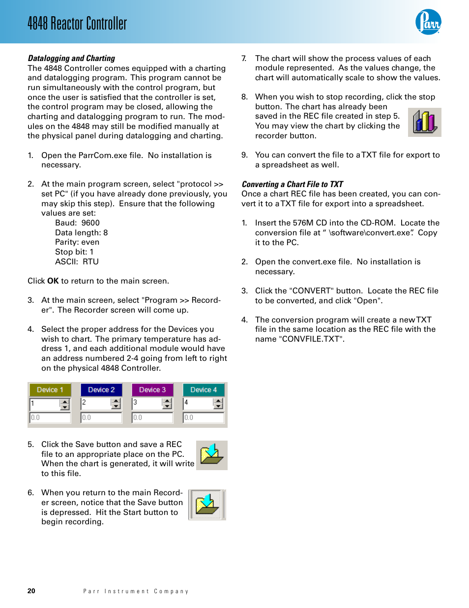 Datalogging and charting— 19, Converting a chart file to txt— 19, 4848 reactor controller | Parr Instrument 4848 User Manual | Page 20 / 40