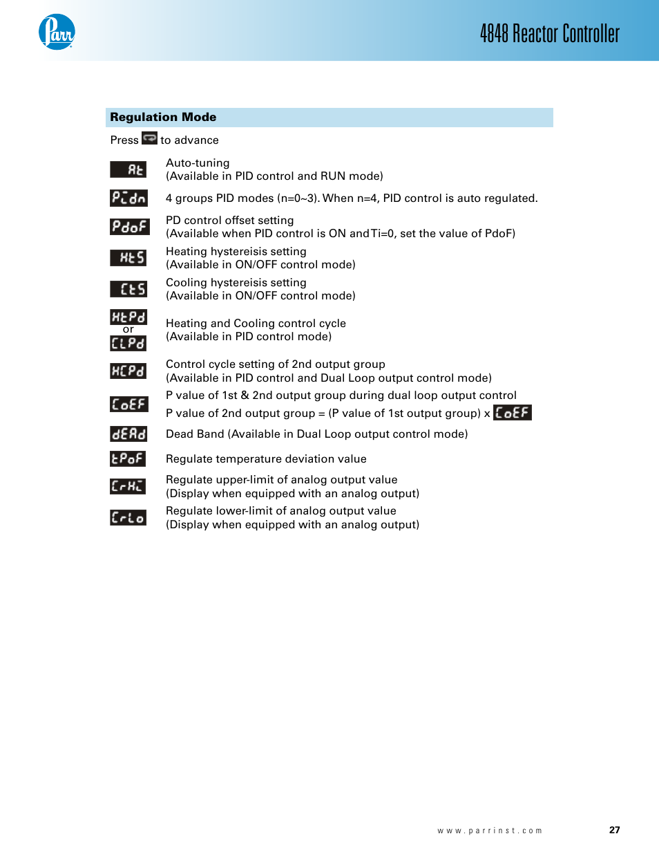 Regulation mode — 26, 4848 reactor controller | Parr Instrument 4848 User Manual | Page 27 / 40