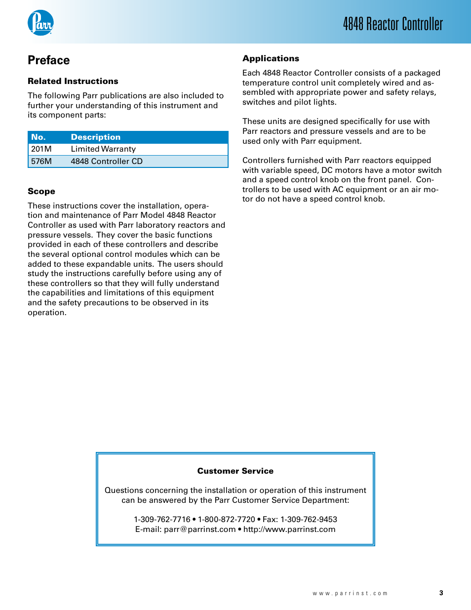 Preface, 4848 reactor controller | Parr Instrument 4848 User Manual | Page 3 / 40