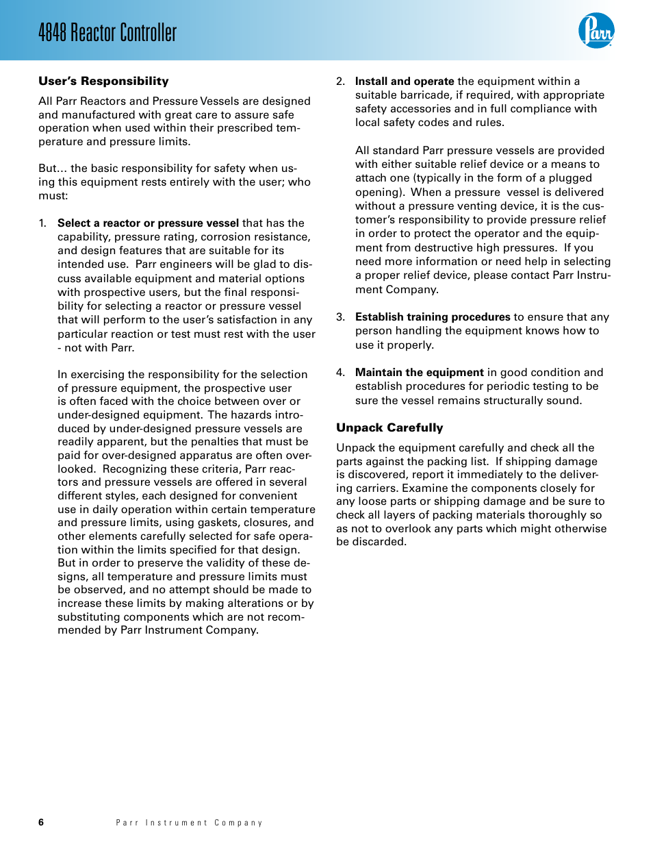 User’s responsibility — 5 unpack carefully — 5, 4848 reactor controller | Parr Instrument 4848 User Manual | Page 6 / 40