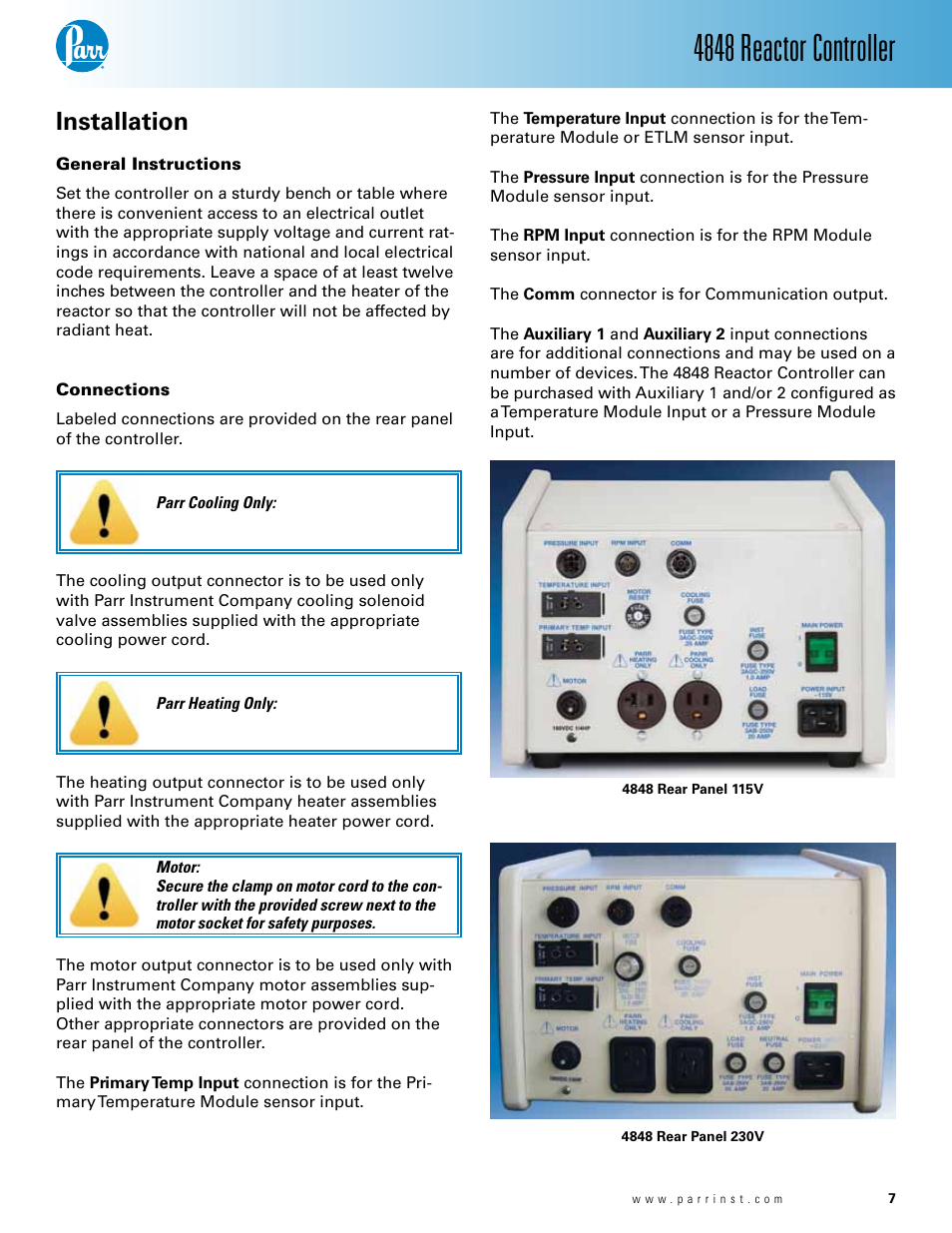 Installation, General instructions — 6 connections — 6, 4848 reactor controller | Parr Instrument 4848 User Manual | Page 7 / 40