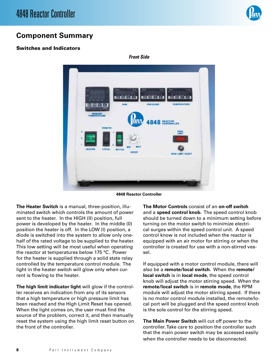 Component summary, Switches and indicators — 7, 4848 reactor controller | Parr Instrument 4848 User Manual | Page 8 / 40