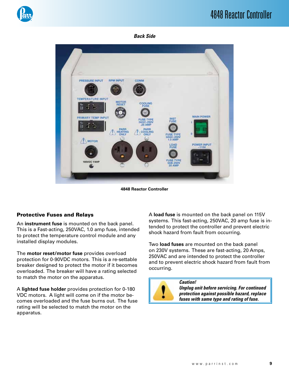 Protective fuses and relays — 8, 4848 reactor controller | Parr Instrument 4848 User Manual | Page 9 / 40
