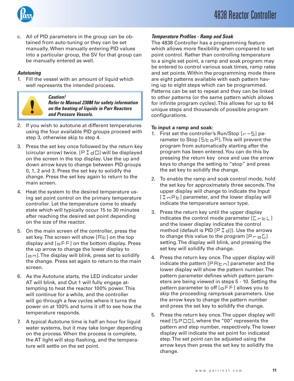 Autotuning, Temperature profi les - ramp and soak, 4838 reactor controller | Parr Instrument 4838 User Manual | Page 11 / 28