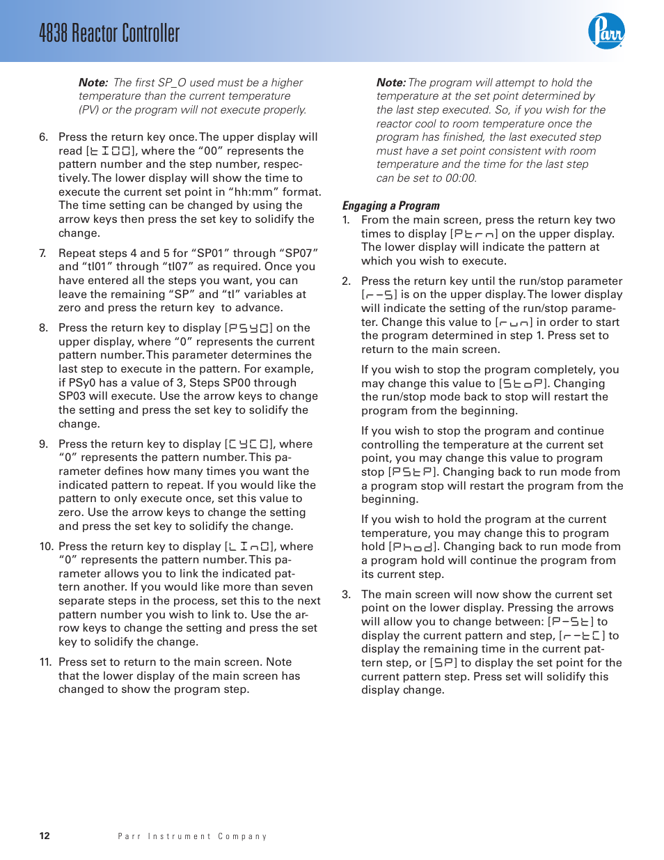 Engaging a program, 4838 reactor controller | Parr Instrument 4838 User Manual | Page 12 / 28