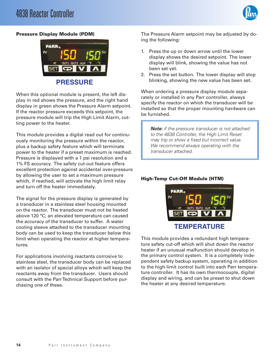 Pressure display module, High-temp cut-off module, 4838 reactor controller | Pressure, Temperature | Parr Instrument 4838 User Manual | Page 14 / 28