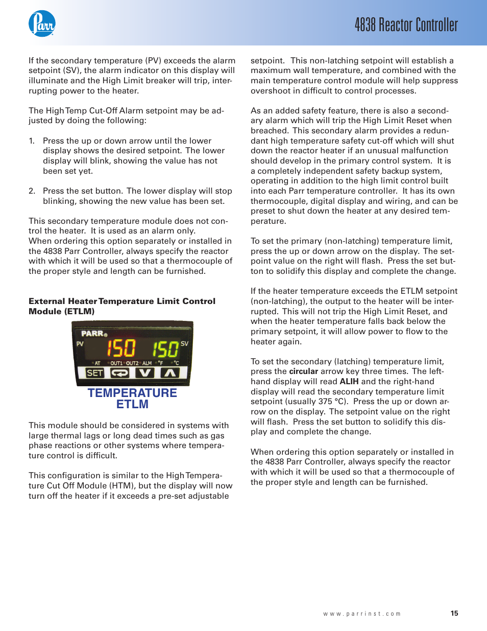 External heater temperature limit controlmodule, 4838 reactor controller, Temperature etlm | Parr Instrument 4838 User Manual | Page 15 / 28