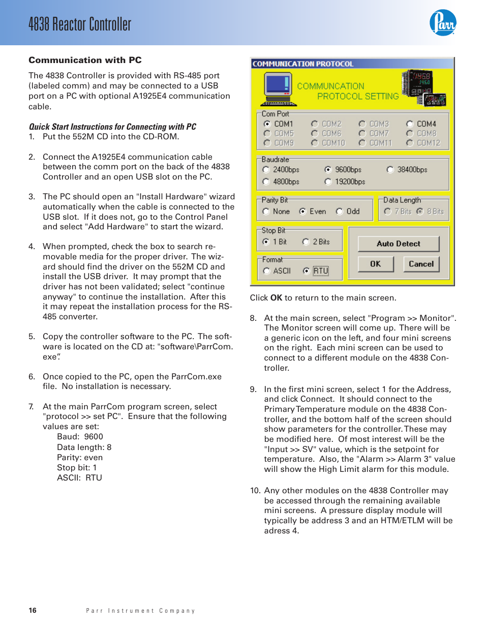 Communication with pc, Quick start instructions for connecting with pc, 4838 reactor controller | Parr Instrument 4838 User Manual | Page 16 / 28