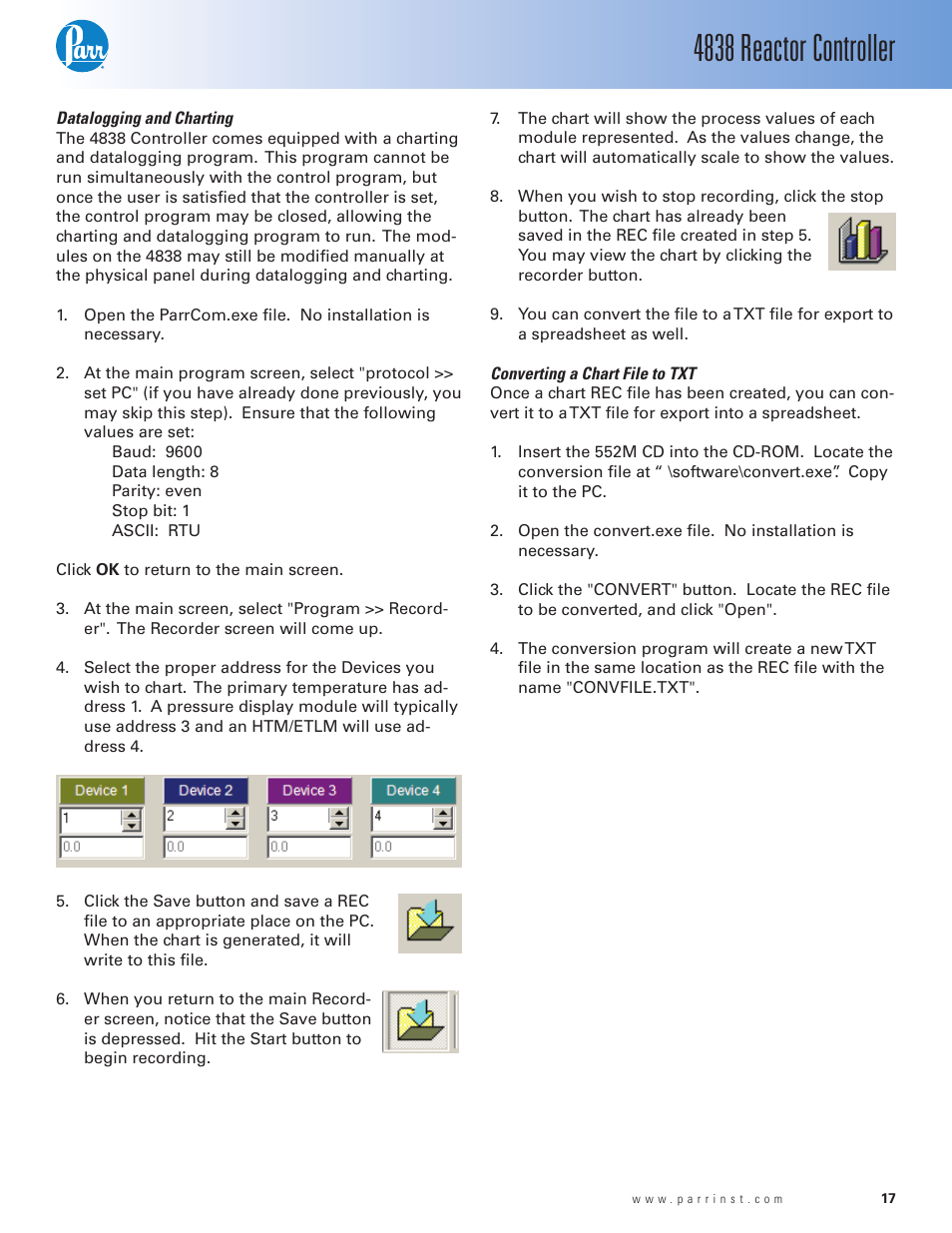 Datalogging and charting, Converting a chart file to txt, 4838 reactor controller | Parr Instrument 4838 User Manual | Page 17 / 28