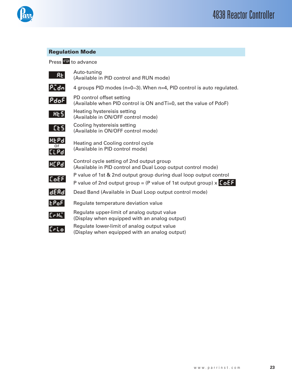 Regulation mode, 4838 reactor controller | Parr Instrument 4838 User Manual | Page 23 / 28